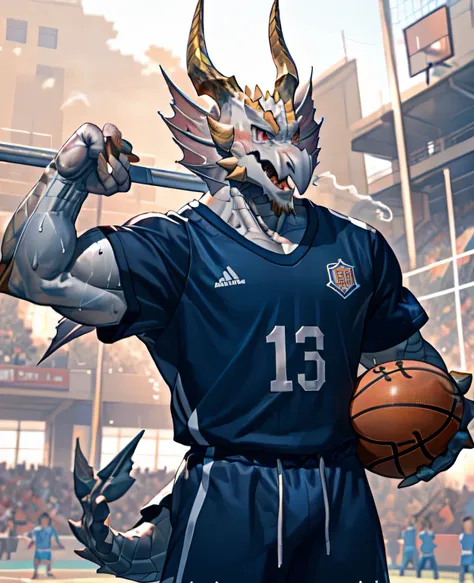 (dragon), two-color, dragon&#39;s eyes, (muscular body:1.3), perfect eyes, handsome, ok,(white basketball jersey), (on the playg...