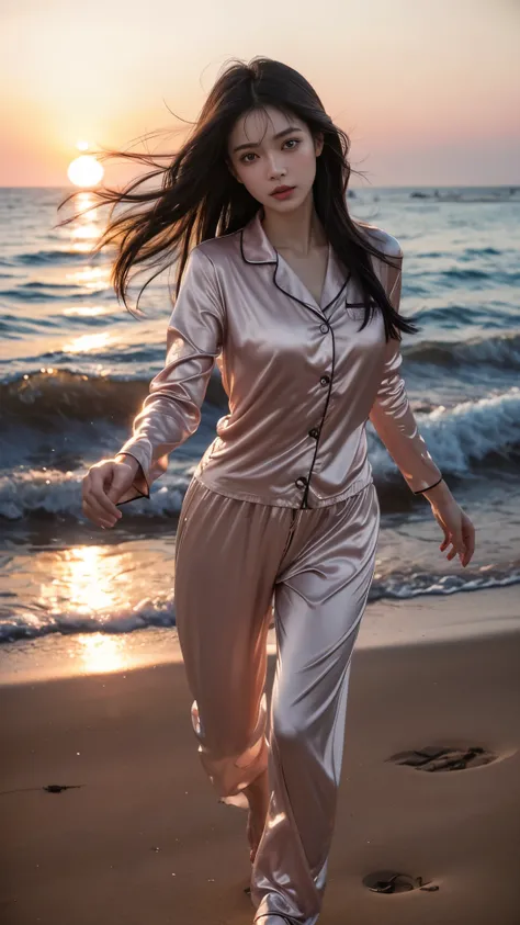 8k, sharp details, low light dark soft tones, very detailed, perfect limbs, clear face, (face is very detailed), look at the viewer, quality is great, reflection, (natural happy girl running on the beach, long Long black hair flying, beautiful sunset on th...