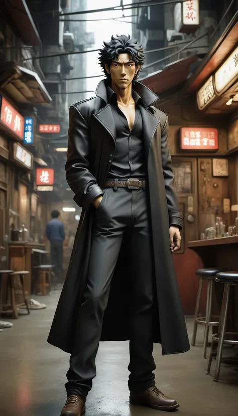 in style of Hippie fashion design, portrait, beautiful detailed，Cowboy Bebop Spike，Looks like Chinese actor Hu Ge，His appearance is rough，Deep eyes，There is always a look of indifference on his face.，But in fact, my heart is full of complicated emotions。He...