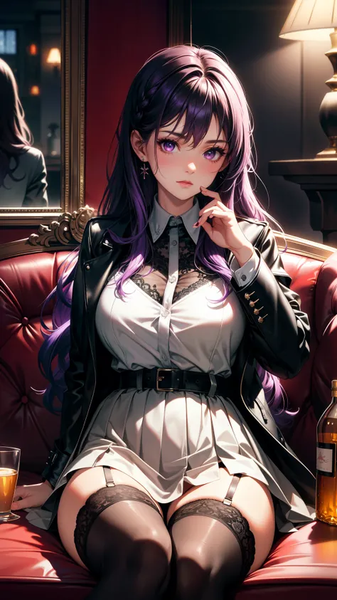 (best quality:1.1), (Masterpiece:1.2), high quality light, beautiful details, Beautiful face, detailed eyes, depth of field, high resolution, best shadow, best light, 1 girl, see the audience, shiny purple hair, smooth, blunt, long hair, (wavy hairstyle), ...