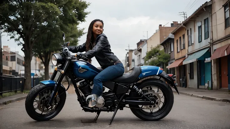 a beautyfull ,smilling ,heritage as a 23-year-old influencer model, body fitness, blending African American and Hispanic roots. , using a blue geans ,black latther jacket and bikers boots , riding a lamborgeny diablo . The image is shot in high-resolution ...