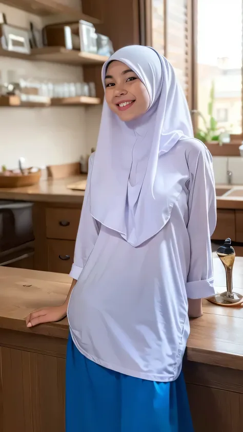 1 hijab girl, very cute baby face, (white dress), ((wearing hijab)), ((blue skirt)), long sleeve, looking at camera, very sexy g...