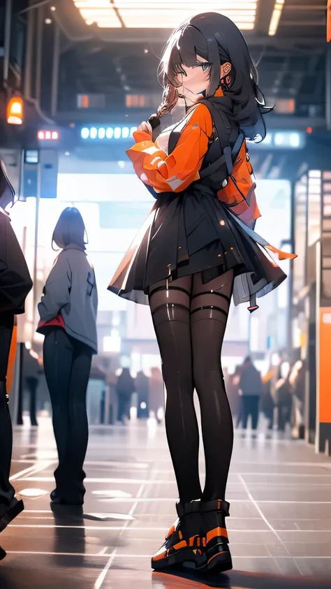 ultra detailed,extremely_delicate_body, perfect_anatomy, correct proportions, delightful_expression, 20 years old girl, shiny skin,
(1girl, long black hair, orange colored inner hair, blue eyes, cute smile), (cute black dress, black thigh high, orange s...