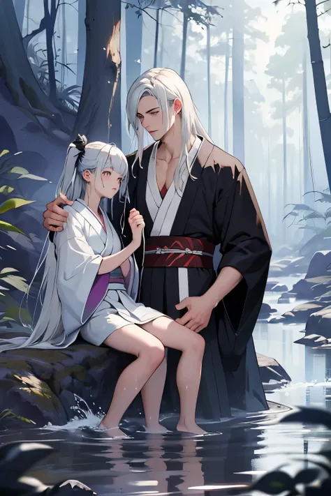 ((best quality)), ((masterpiece)), (detailed), perfect face,couple,in the forest,river,water,Romantic,perfect hands,water play,kimono,Adam and Eve,Unisex,muscle,Height distance,size difference,long hair,white hair,wet,two people,leg,sit