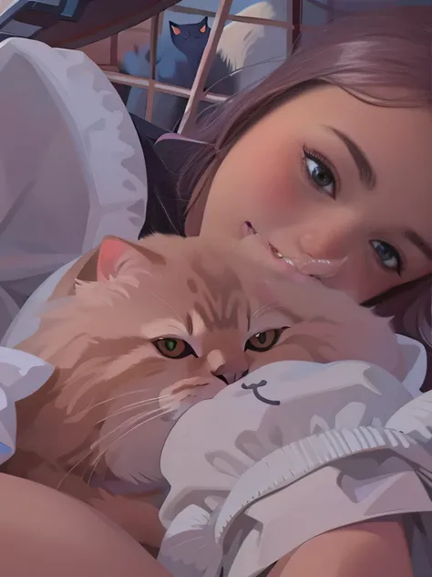 there is a woman laying in bed with a cat and a basket, big cheeks holding her cat, very beautiful cute catgirl, blackpink jennie, with small cat on lap, there is a cat next to her, with cats on her side, jossi of blackpink, she is holding a cat in her arm...