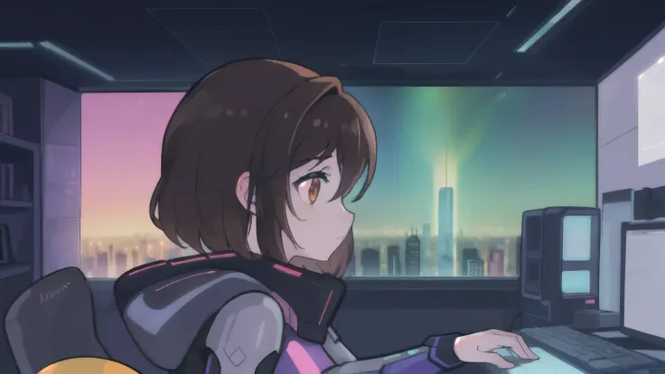 (colorful:1.1),One girl, alone, {brown hair}, highest quality, Shiny skin, Ultra-high definition and ultra-high resolution, city night view, cute, Profile looking at a computer, Inside the room、The girl is in the whole picture１０min１About the size