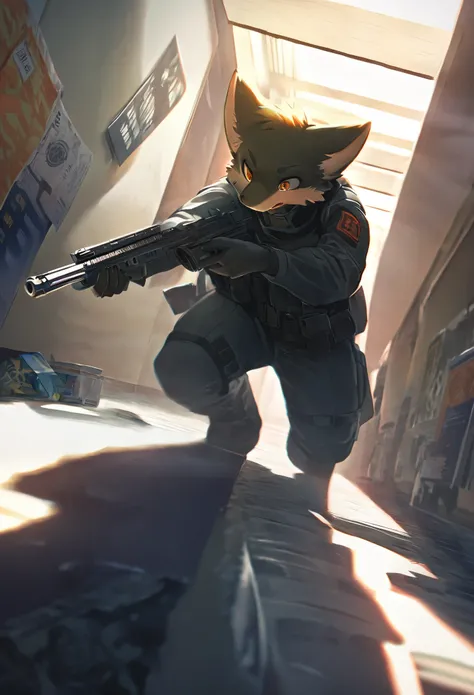 dynamic angle, top quality, best quality, High-quality illustrations, masterpiece, super high resolution, detailed background, detailed background, biohazard, Dim hotel hallway, gun fight, game package, absurdres(highly detailed beautiful face and eyes)per...