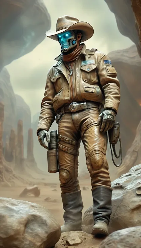 Hyper-realistic image of a [Intergalactic cowboy] encased in a rock, very soiled, extinct modern technology presented like a fossil, dusty, weather, worn appearance. HD, ultra-realistic, high-quality image
