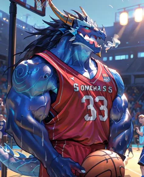 (dragon), two-color, dragon&#39;s eyes, (muscular body:1.3), perfect eyes, handsome, ok,(white basketball jersey), (on the playg...