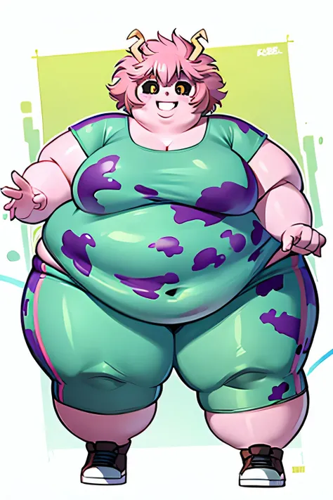 obese mina ashido, obese 1girl, solo, breasts, short hair, medium breasts, shirt, white background,fat belly, obese body, collarbone, yellow eyes, upper body, pink hair, short sleeves, horns, teeth, colored skin, blue shirtteeth, happy, colored sclera, emp...