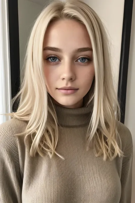 1girl in, age19, Allein, lange Haare, Kolossal , Betrachter betrachten, blondes Haar, nackten Schultern, braune Augen, Juwelier,, eine Halskette, schulterfrei, Pullover, realistisch, Eine sexy,look in the front of the camera