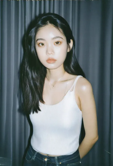 thai girl , 18-21 years old , full body , black hair , high-quality photo portrait , shot on a polaroid camera , double eyelid -...