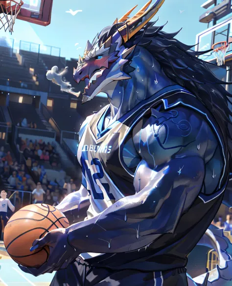 (dragon), two-color, dragon&#39;s eyes, (muscular body:1.3), perfect eyes, handsome, ok,(white basketball jersey), (on the playg...