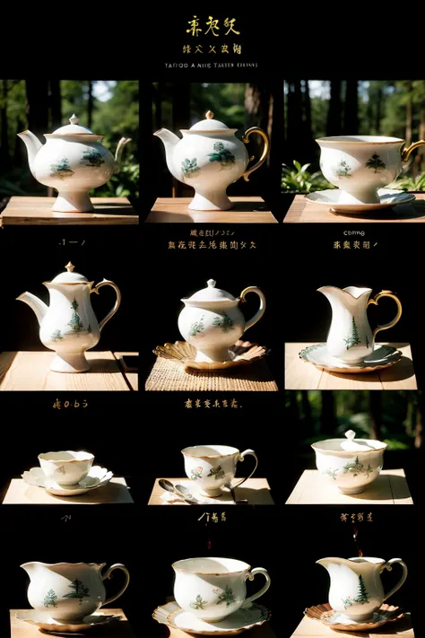 /imagine prompt: A traditional Chinese tea set forest background reference sheet hyperrealistic High key lighting