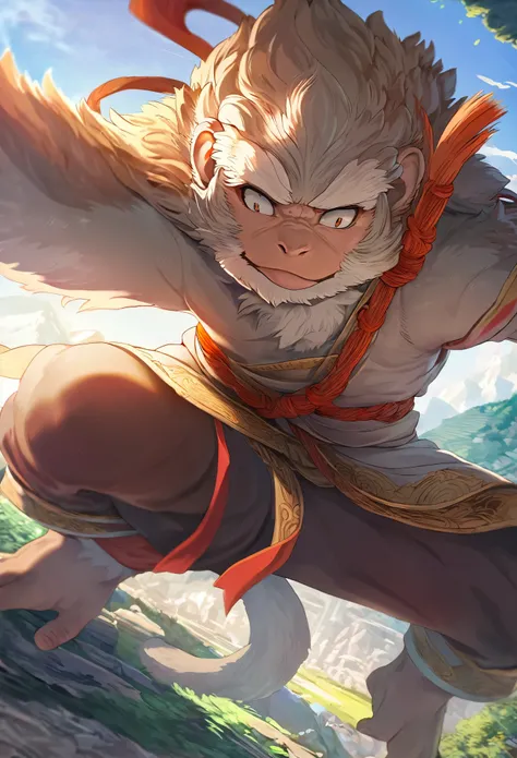 dynamic angle, top quality, best quality, High-quality illustrations, masterpiece, super high resolution, detailed background, detailed background, Monkey A Journey to the West, action, absurdres(highly detailed beautiful face and eyes)perfect anatomy, exp...