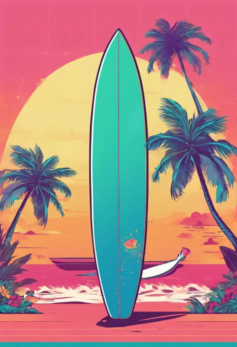 create a colorful illustration of surfboard and palms