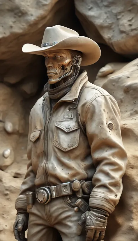 Hyper-realistic image of a [Intergalactic cowboy] encased in a rock, very soiled, extinct modern technology presented like a fossil, dusty, weather, worn appearance. HD, ultra-realistic, high-quality image
