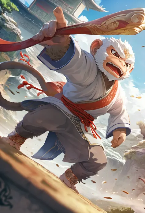 dynamic angle, top quality, best quality, High-quality illustrations, masterpiece, super high resolution, detailed background, detailed background, Monkey A Journey to the West, action, absurdres(highly detailed beautiful face and eyes)perfect anatomy, exp...