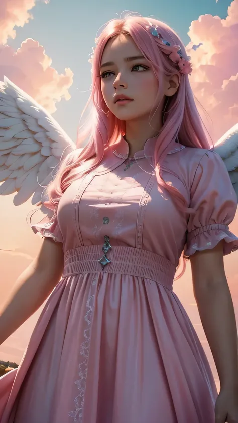 Big and powerful female Angel blessing a girl in a beautiful sky with pink clouds, Female Angel with pink wings with a beautiful girl, beautiful hyper-detailed faces, pink tunic-like dresses, Angel floating in a pink sky blessing a beautiful girl, beautifu...