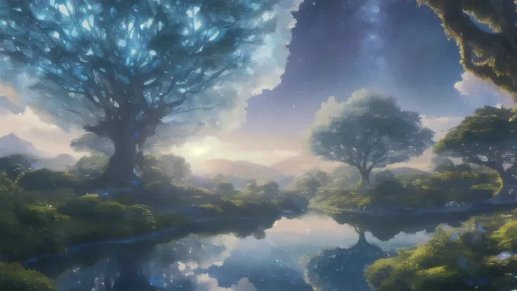 Illustration of a hyperrealistic , otherworldly, Ultra Sky Scene，Features a giant crystal tree,Very detailed and magical lighting, Intricate forest details, Surrounding vegetation and rivers, solarpunk ,landscape, big tree, Beautiful leaves，Beautiful light...