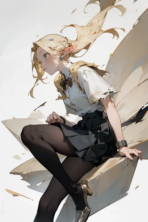 (masterpiece, best quality) detailed, Wearing black tights, silver accessories , Blonde ,elegant, Pointed ears ，White shirt，Clothes are torn，Pleated Skirt