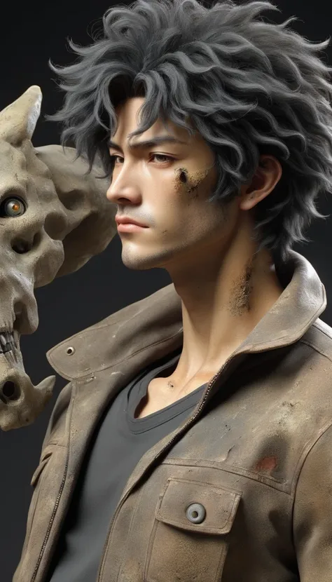 Ultra-realistic images of Cowboy Bebop,encased in rock, very dirty, extinct modern technology rendered like a fossil, dusty, weathered and worn appearance. HD, ultra-realistic, high quality image