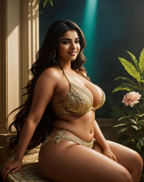 (masterpiece oil painting:1.3) of a (solo:1.3) ravishing sexy curvy chubby tall supermodel Suhana khan as elegant bride, in a flower garden venue, wearing ethereal bikini, Big breast almost D Plus navel, with embroidered angel wings, lavish flower decorati...