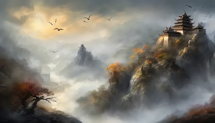 a chinese painting，There is a bird flying in the sky in the painting，Black and White，Ink，The background is an imaginary castle, detailed fantasy digital art, stunning fantasy art, fantastic numbers, author：Yang Jie, background artwork, Ethereal fantasy, di...