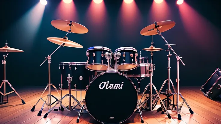 A drums kit ready on stage. The show is about to begin. (hyper-realism), (photo-realism).