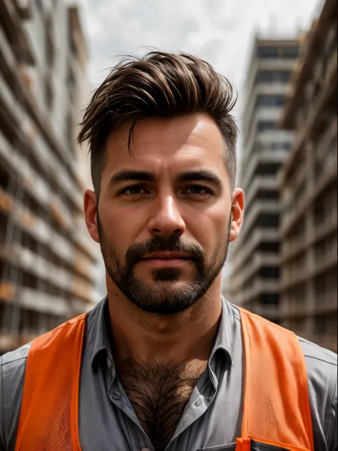 masterpiece, best quality, high resolution, closeup portrait, male focus, solo focus, A man, 40 years old, with construction worker uniform, unbuttoned work clothes, construction worker, silver grey hair, messy hairstyle, cute and seductive face, bare ches...