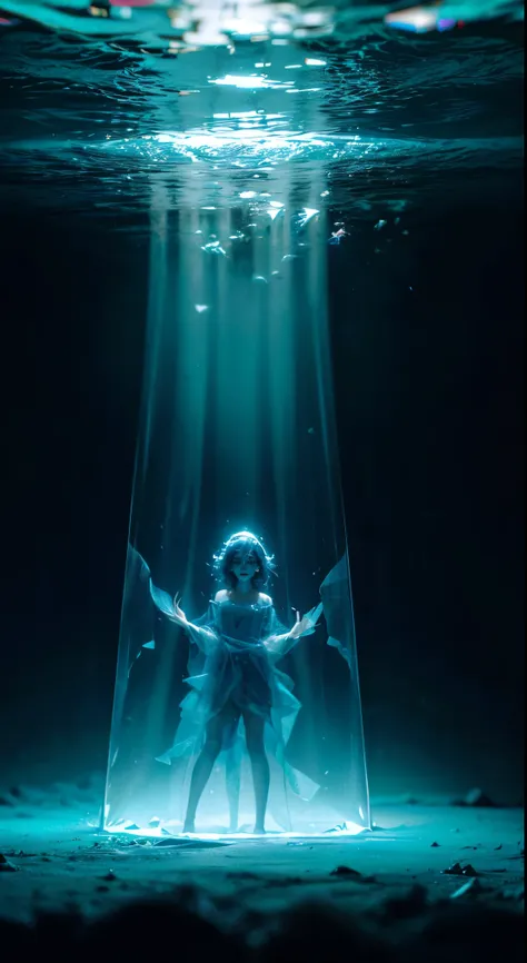 there is a woman floating in a room with a window, a hologram inspired by Elsa Bleda, unsplash, surrealism, under water visual distortion, still from a music video, thalassophobia, suspended underwater, virtual metaverse room, floating under water, astral ...