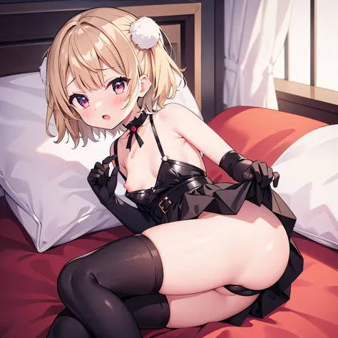 4k、nsfw、black high waist skirt、black kneehighs、8years old、solo、on the bed、black elbow gloves、Kawaii、blonde hair、short hair、Shigure Ui-Vtuber
