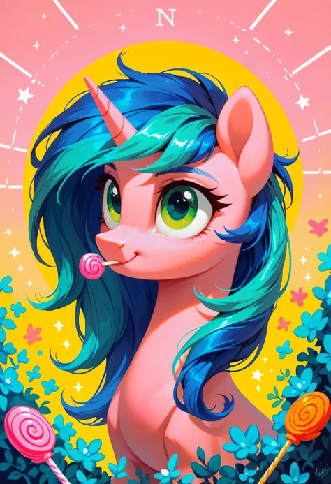 score_9, score_8_up, score_7_up,  ral-ltlpowny, pink candy, female pony, pink and blue mane, green eyes, aesthetic, kawaii backg...