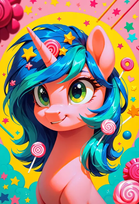 score_9, score_8_up, score_7_up,  ral-ltlpowny, pink candy, female pony, pink and blue mane, green eyes, aesthetic, kawaii backg...