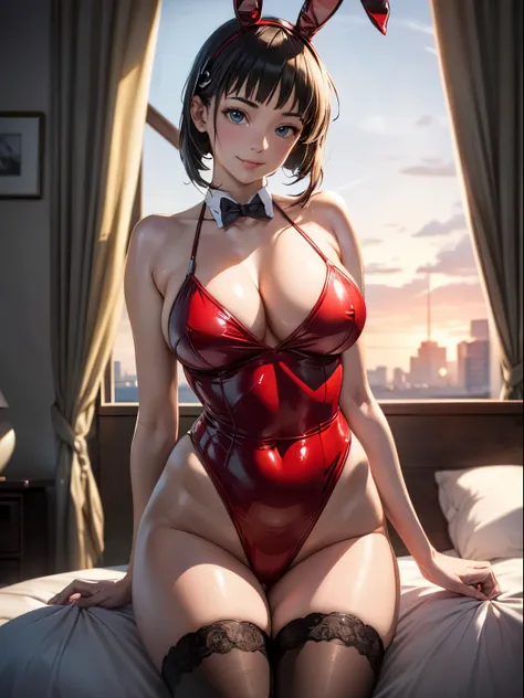 (​Masterpiece), (top quality), sunset, natural lights, ,(realistic:1.5), Kirigaya Suguha as an incredibly beautiful bunny girl, red bunny uniform, tight stockings up to the middle of the leg, cleavage, sexy, blue eyes, smiling, sexy pose, looking at viewer...