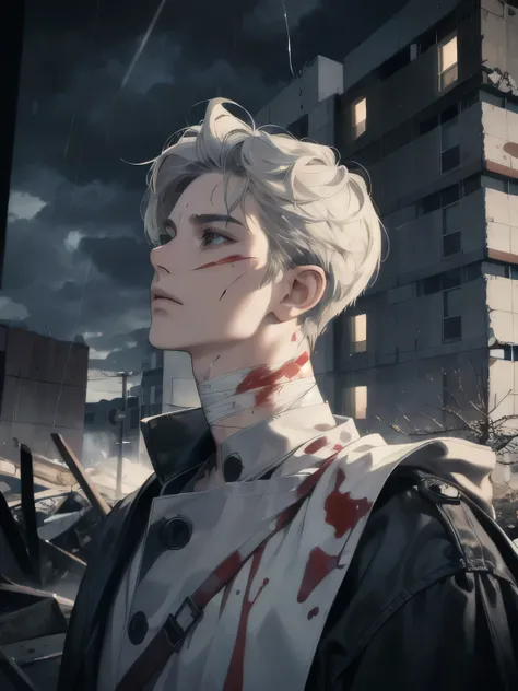 ((best quality)), ((masterpiece)), (detailed), perfect face. A tall guy covered with blood. Injured and wearing a bandage. Rain. Sad expression. Looking at the sky. in a destroyed city