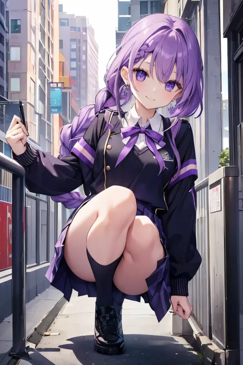 Purple hair and eyes、 girl、Small breasts、braided ponytail、smile、Gal-like、Wearing cute earrings、cute uniform、Add highlights around the eyes、Cute hairpin、Full body view、School