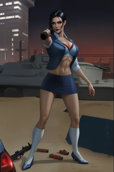 woman in a holding a gun, , glamorous, short blue plaited skirt, tied white shirt, red bra, midriff, black hair in pony tail