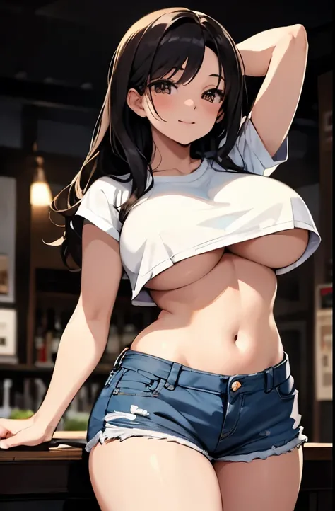 (best quality, masterpiece:1.2), Sketch full view of a hot looking fair skin 29 year old woman standing in front of us. She has brown eyes and wavy long black hair. She has big breasts, playful smile. lips parted. She has a nice curvy physique. She is wear...