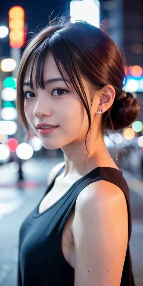 1 Girl, Tokyo Street,night, Streetscape,City lights,Upper Body,close,smile,, (8K, Raw photo, highest quality, masterpiece:1.2),(Realistic, photo-Realistic:1.37),