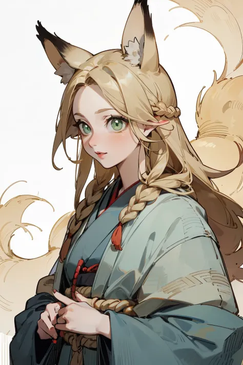 Upper body standing painting, Vision, panoramic, Honey, Solitary, Fair skin, (Fox ears), Exquisite eyes, Facial details, Green Eyes, Red Eyeshadow, lips are red, white magic dress, careful, Fake laugh, Ukiyo-e, masterpiece, high quality, at the lowest limi...