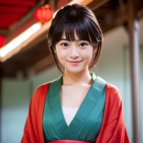 High-quality image of a beautiful Japanese female rakugo performer, facing forward with her gaze directly at the viewer. She has short hair and is wearing a simple, solid red kimono. The image captures her from above the chest, featuring a slight smile