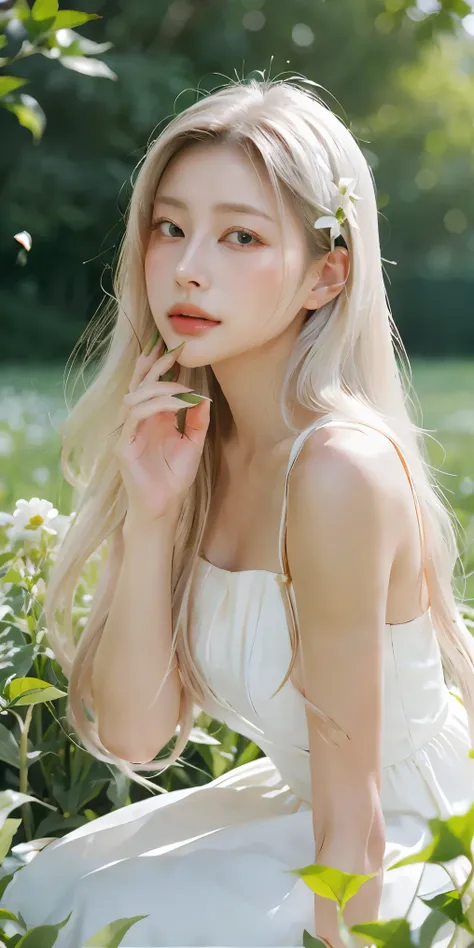 (masterpiece, best quality),1girl with long white hair sitting in a field of green plants and flowers, her hand under her chin, ...