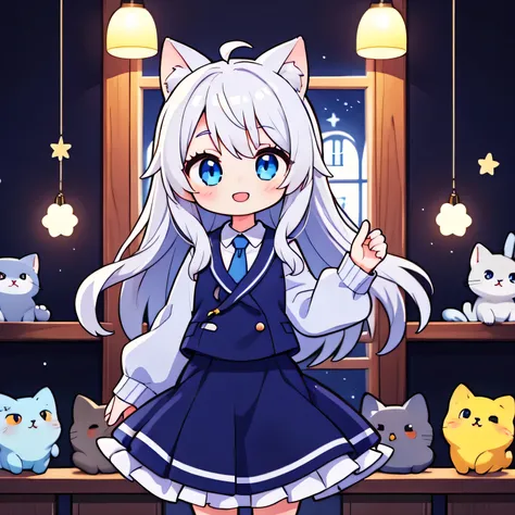 Looking at the audience, 1 girl, big eyes, Long eyelashes, Smile, skirt,cat ears，Cat tail，Long hair，gray clothes，Blue tie，high quality，Smart eyes，Rich background，Cat，Scenes，indoor，Lights on