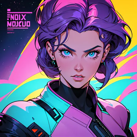 uma mulher com cabelo roxo e longo ao vento e fundo neon, estilo de arte futurista, flat estilo de arte synthwave, estilo de arte synthwave, futuristic retro style, estilo retroonda, estilo synthwave, vaporwave lighting style, futuristic retro illustration...