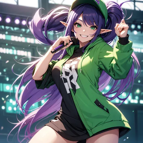 An elf girl standing half-turned, smiling broadly with her mouth open, long black hair with purple tips, green eyes, holding a microphone in her hand, wearing a hooded windbreaker, T-shirt and an anime-style baseball cap