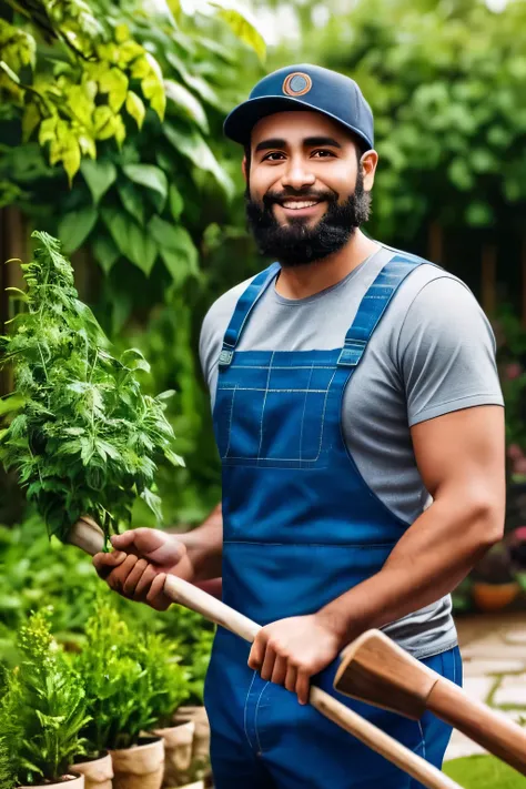 Young man, about 30 years old with a beard in the work clothes of a gardener, holding small rakes in his hands, shovel for loosening, A smile on his face, He is happy, he is in the garden , around the beds, vegetables, he stands in a relaxed position