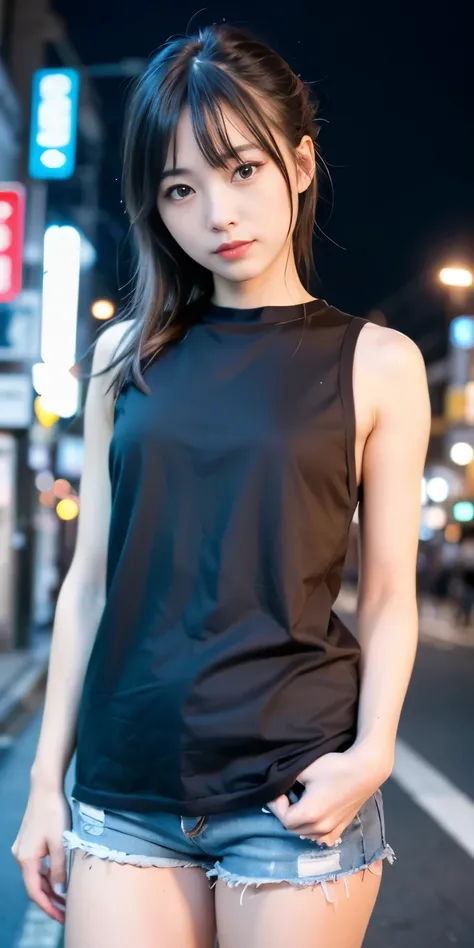 1 Girl, Tokyo Street,night, Streetscape,City lights,Upper Body,close,smile,, (8K, Raw photo, highest quality, masterpiece:1.2),(Realistic, photo-Realistic:1.37),