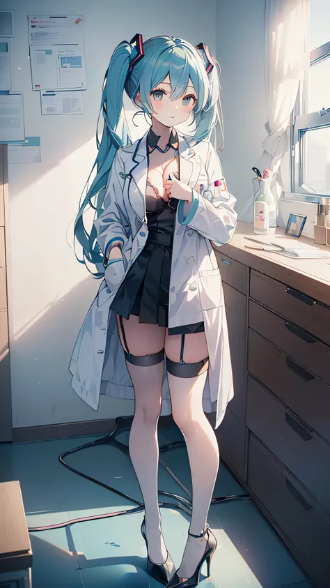 pastel, super fine illustration, anime style,((Hatsune Miku, toddler,big tits,light blue twin tail hair)),((female doctor, pharmacist,long white coat, long sleeves, white blouse, black mini tight skirt, stethoscope, breast out, cleavage, show off bra, thig...