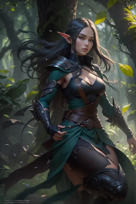 (best quality,ultra-detailed,realistic),elf ninja girl,garden setting,detailed eyes and face,flowing hair,athletic physique,dressed in sleek black ninja outfit,striking poses,leaping with grace,background with tall ancient trees,mystical atmosphere,soft su...